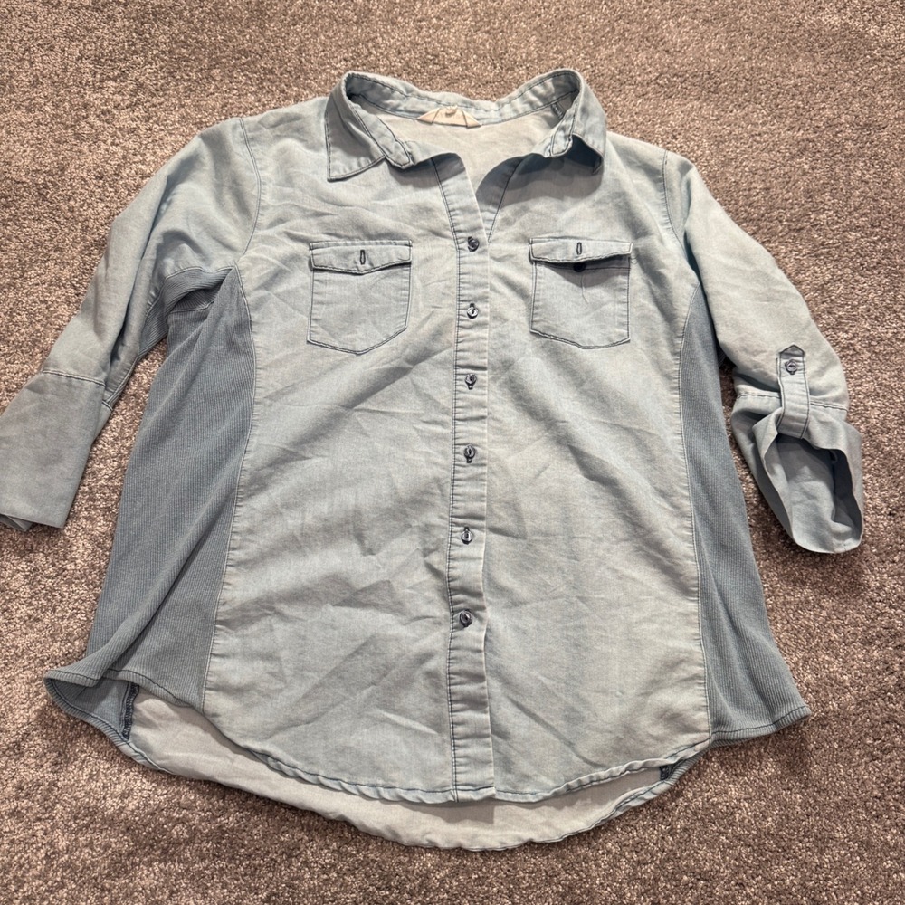 Cavalini Shirt Women 1X Denim Cotton Chambray Utility Roll Tab Casual Top Rodeo